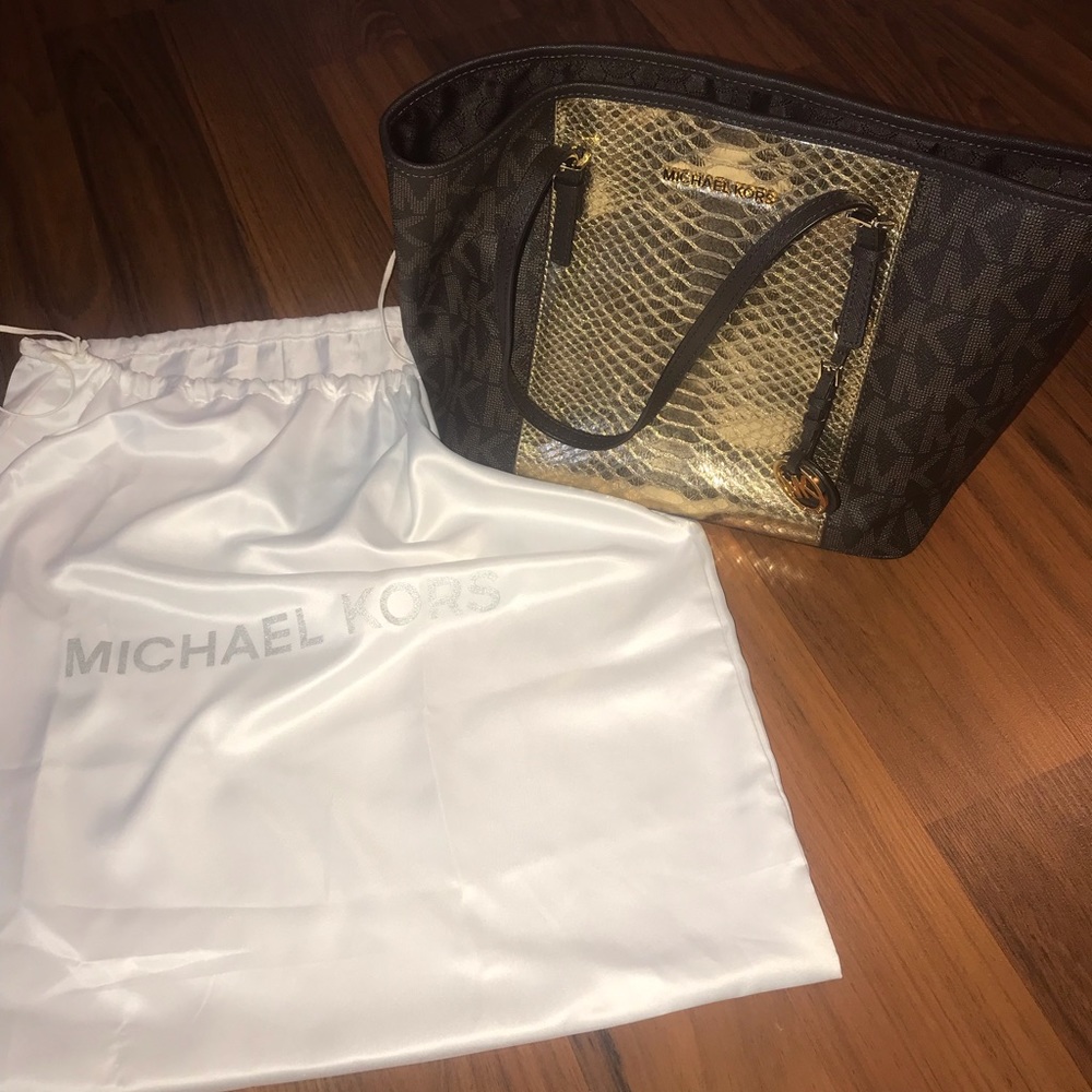 Michael Kors brown & gold snakeskin tote